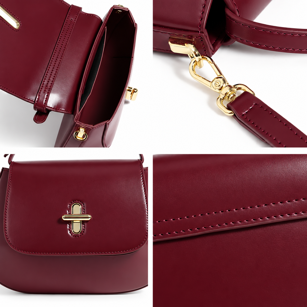 HORTENSE — Sac à Main Femme · Cuir Véritable Bordeaux · Poignée et Rabat