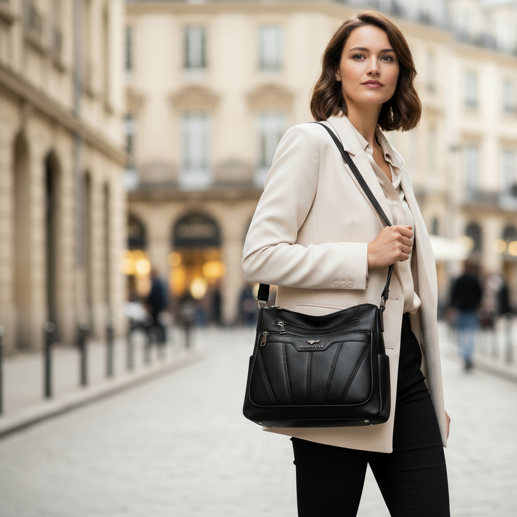 MARAIS — Sac à Bandoulière Femme Cuir PU Noir Contemporain