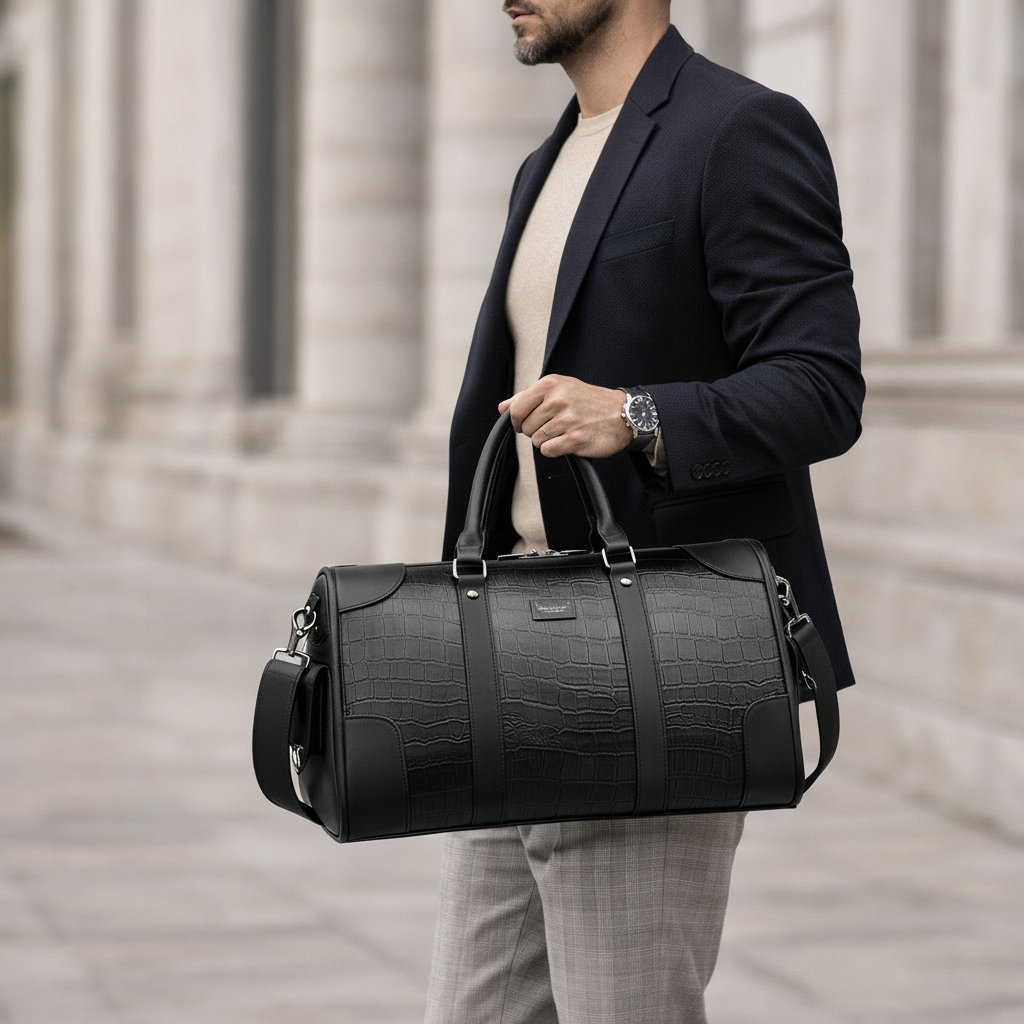 MONACO — Sac Week-end Femme Effet Croco Marron Premium